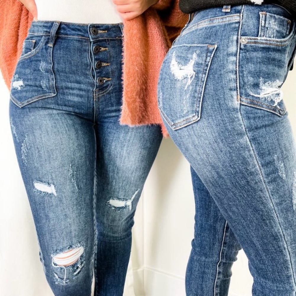 Risen Button Fly Patch Pocket Skinny Jeans